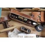 A vintage wooden view router with photo, an Ensign camera Sellfix 820, in leather case together with