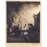 Ferdinand Schmutzer (Austrian, 1870-1928), interior genre scene, etching with drypoint, signed in