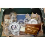 A collection of glass wares and ceramics including Aynsley, Wedgwood with treen boxes (Q)