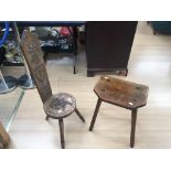 An 18th Century elm and ash milking stool together with a carved stick back chair