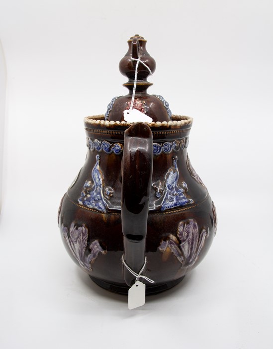 A Bargeware teapot with coffee pot finial (spout brokers but present), applied roses, Prince of - Image 2 of 6