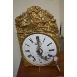French 19th Century hanging wall clock, gilt with enamelled face, Roman numerals