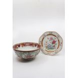An 18th century Chinese export bowl, famille rose, the exterior with pink trellis border above loose