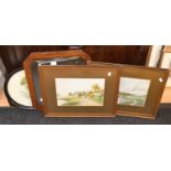 Two early 20th Century watercolours, both signed, along with a print and wall mirror