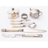 A collection of silver including: a William IV silver three piece cutlery suite, comprising knife,