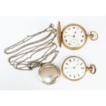 Two gold plated keywind pocket watches together with a silver patch box on chain