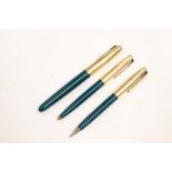Set of three Parker 51 pens, pencils, circa 1950 with gold plated caps
