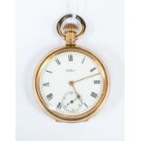 A gold plated Waltham open faced pocket watch, enamel dial, dial diameter approx. 43mm, numerals,