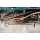 Collection of vintage tools, hand saws, garden tools, forks and scythe etc