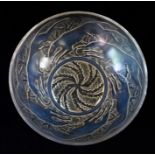 Rene Lalique blue patinated greyhound bowl with R.Lalique embossed signature on underside.