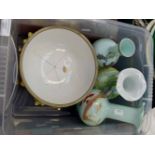 A Majolica style circular bowl with staple repair A/F, together with three glass vases with floral/