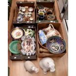 Four boxes of assorted ceramics, to include flatware, tea wares, wash jug/bowl, two hippos etc