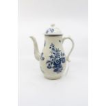 A Worcester porcelain coffee pot and cover, first period blue and white, restored and replaced,