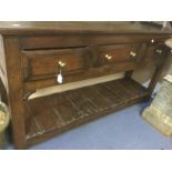 Oak three drawer dresser, 18th Century with brass handles and plank bottom shelf