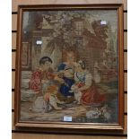 A 19th Century framed tapestry of children playing with a rabbit
