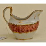 An English Porcelain Cream Jug. Decorated with a central band of continuous roses within a gilt