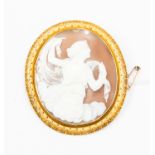 A Victorian cameo brooch depicting classical scene of Diana, Etruscan revival style surround with