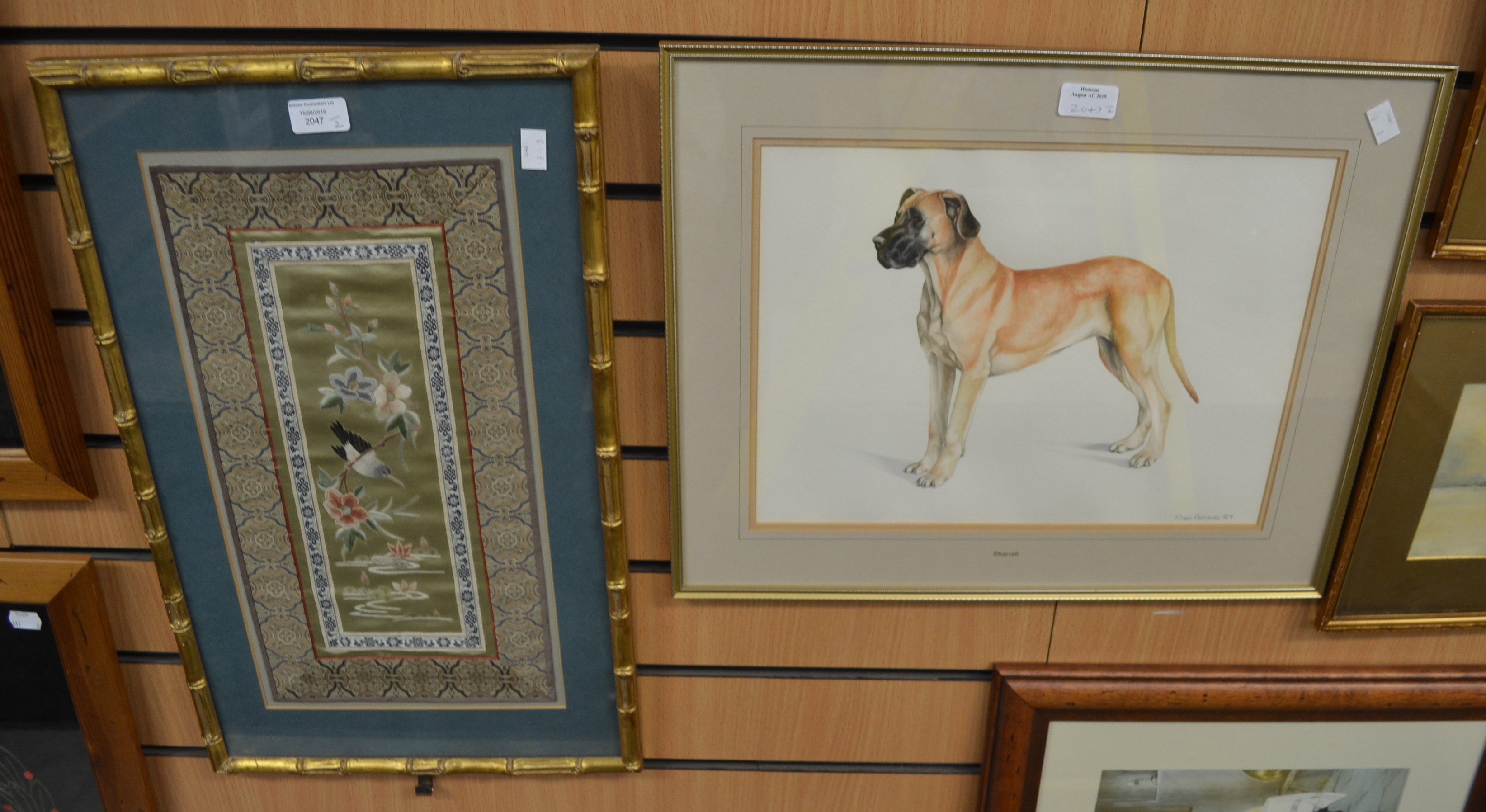 Nigel Hemming, 1984 watercolour Sharah, Great Dane and a Chinese silk embroidered panel, glazed