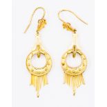 A pair of gold drop earrings, Etruscan styling with round form, granular bead and fringe decoration,