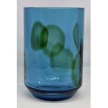Whitefriars tall vase, kingfisher blue with green spots, pattern number 9700, circa 1969-71