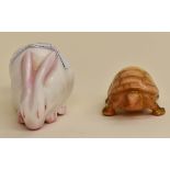 Two Royal Worcester netsukes comprising: a blush ivory netsuke modelled as a turtle, black stamped &