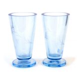 Pair of contemporary blue vases (internal bruising of glass on base of one). Height 19.5cm