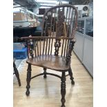 Two high back 19th Century oak Windsor chairs and two low back oak Windsor chairs