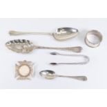 A collection of silver items including: George III Hanovarian Berry spoon, Thomas & William Chawner,