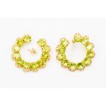A pair of peridot and diamond earrings, circular scalloped form set with round peridot with a border