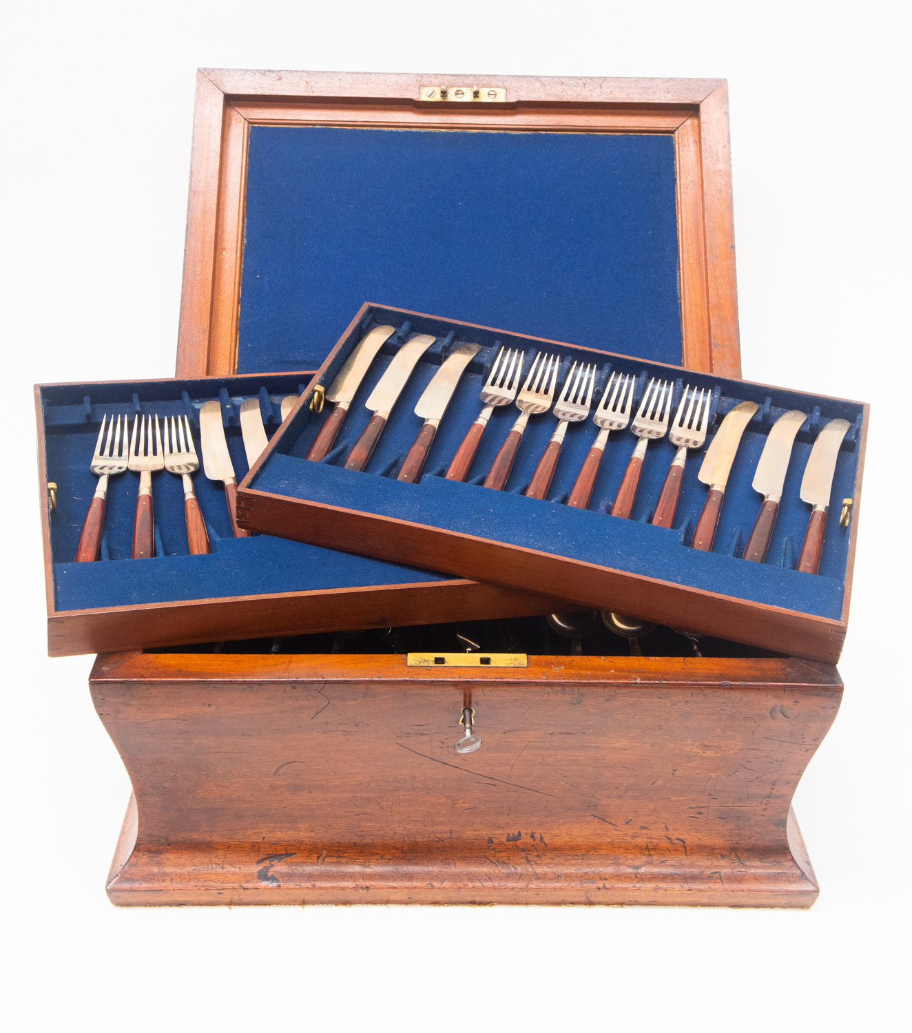 A 19th Century mahogany deed box with key, converted to a canteen of cutlery with stacking trays