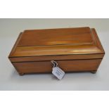 A Regency satinwood work box of sarcophagus form, triple division interior, brass ball feet