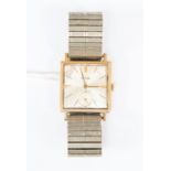 A gents vintage Hefik Incabloc 9ct gold watch, square case, silvered dial, batons and subsidiary