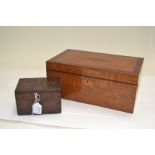 A 19th Century oak crossbanded work box, and a small rustic treen money box (2)
