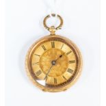 A 14ct gold ladies pocket watch, gold tone dial with foliate decoration, numerals, dial diameter