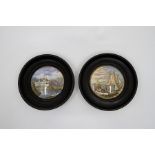 Two framed pot lids - Prattware with original boots cash chemist seal. Size including frames - 16cm.