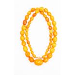 A butterscotch amber bead necklace, graduated oval beads ranging in size from 9mm x 8mm,  30mm x