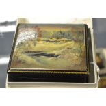 A Fedoskino Pegockuno Russian black lacquered papier mache box, of rectangular form with hinged lid,