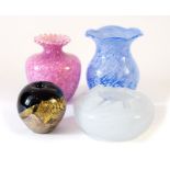 Island glass lot consisting of blue vase, pink vase, black aurene apple and white bowl (4)
