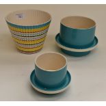 A mid 20th Century Hornsea Pottery plant pot, in rainbow pattern, two pale blue and cream plant pots