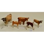 A group of five Beswick cattle including a Jersey, Highland calf and three various calves (Jersey,