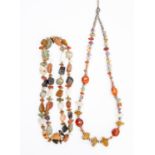 Two contemporary multigem set single strand bead necklaces, each set with various semi-precious