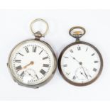 A Waltham silver cased open faced pocket watch, Roman numerals, damage to the dial, along with a