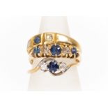 Three gold and stone set rings, comprising an 18ct gold ring set with sapphire, diamond and