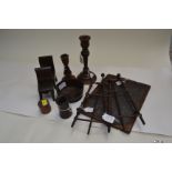 A group of assorted treen, to include a pair of miniature easels, a school slate, turned
