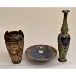 A Royal Doulton stoneware Art Nouveau bottle vase, a Slater's Patent twin handled vase and a dish (