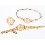 An 9ct gold Omega ladies wristwatch, on later rolled gold bracelet strap, a 9ct gold vintage watch
