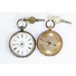 An early 20th Century ladies 18ct gold open faced fob watch (s.d) and a silver open faced fob