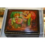 A Fedoskino Pegockuno Russian black lacquered papier mache box, of rectangular form with hinged lid,