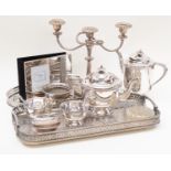 Collection of modern plated tea wares, with trays and candlestick (Q)