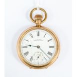 An early 20th Century gold plated Waltham pocket watch, subsidiary dial, hand missing, dial diameter
